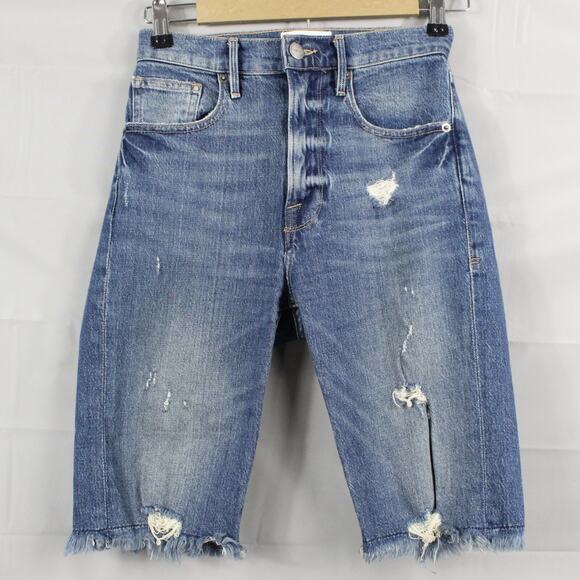 Frame Denim Pants - Frame Shorts Womens 24 Le Vintage Bermuda Heartbreaker Frayed Hem High Rise Blue